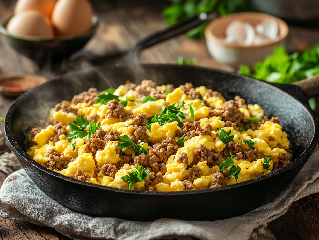 Savory Ground Beef and Eggs Skillet